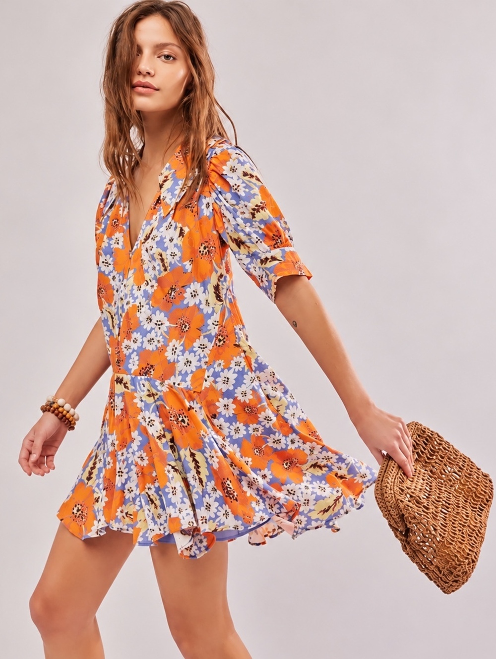 Free People Sugar Crush Floral Drop Waist Mini Dress Orange Blue Size Small